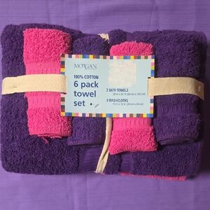 6-Pack Cotton Bath Towel Set - Purple and Pink